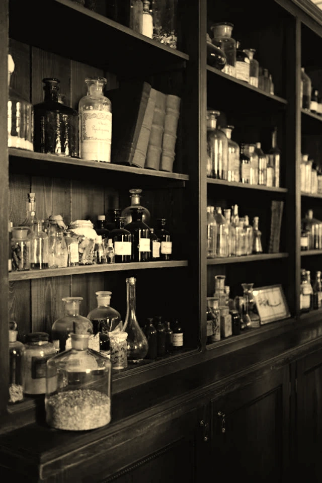 Antique shop shelves with vintage apothecary products